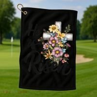 Happy Easter He Is Risen God Jesus Floral Cross Christian Golf Towel thumb 1