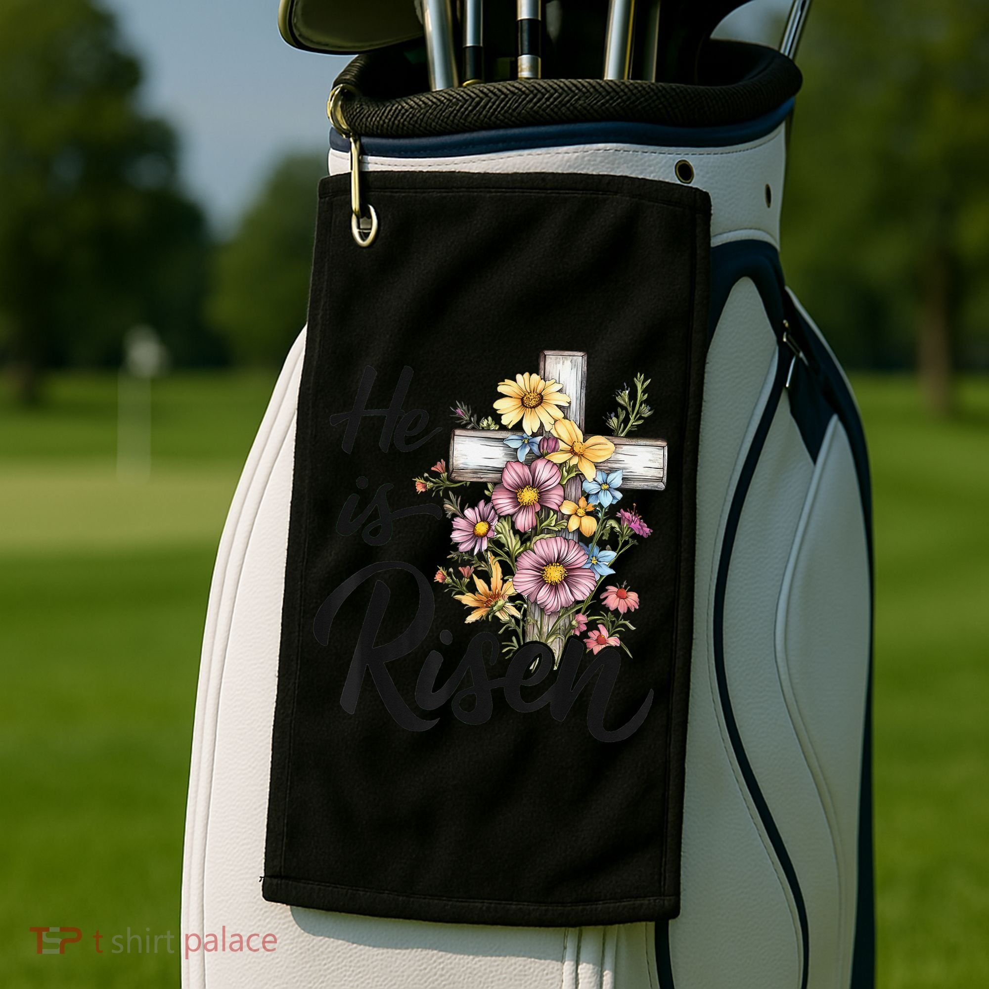 Happy Easter He Is Risen God Jesus Floral Cross Christian Golf Towel