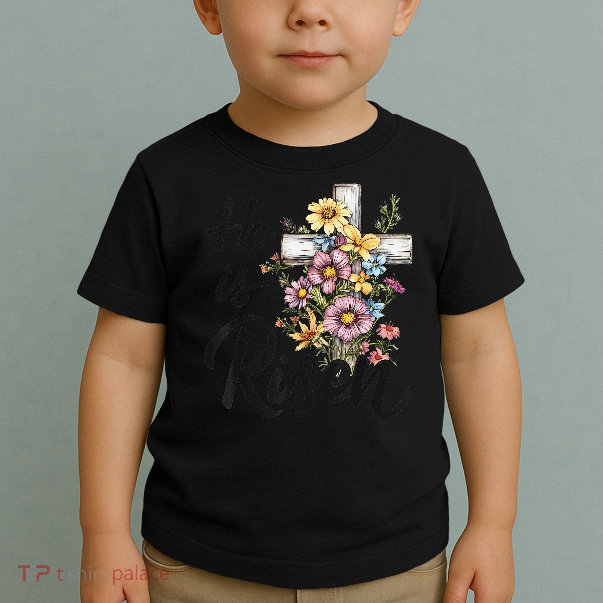 Happy Easter He Is Risen God Jesus Floral Cross Christian Toddler T-Shirt
