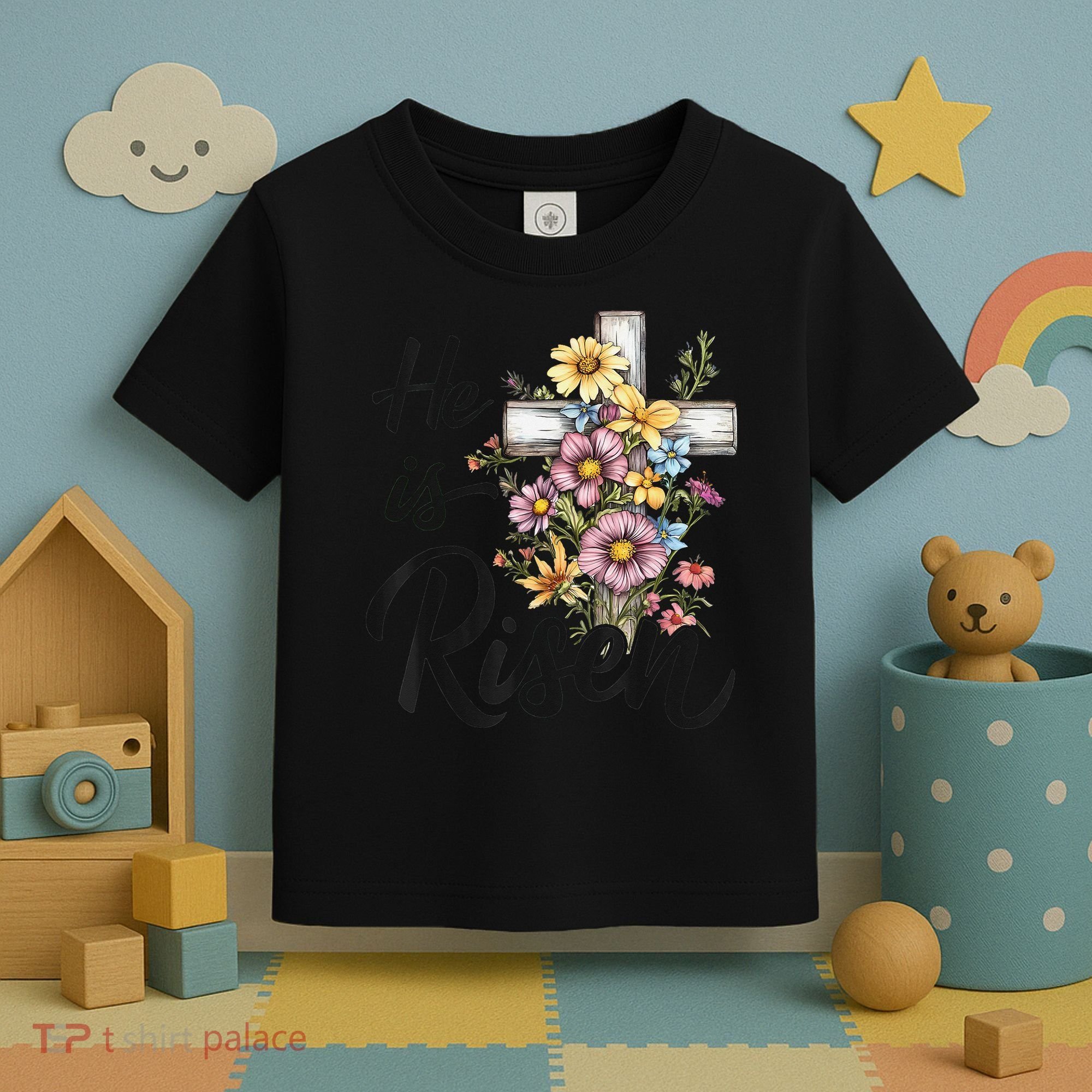 Happy Easter He Is Risen God Jesus Floral Cross Christian Toddler T-Shirt