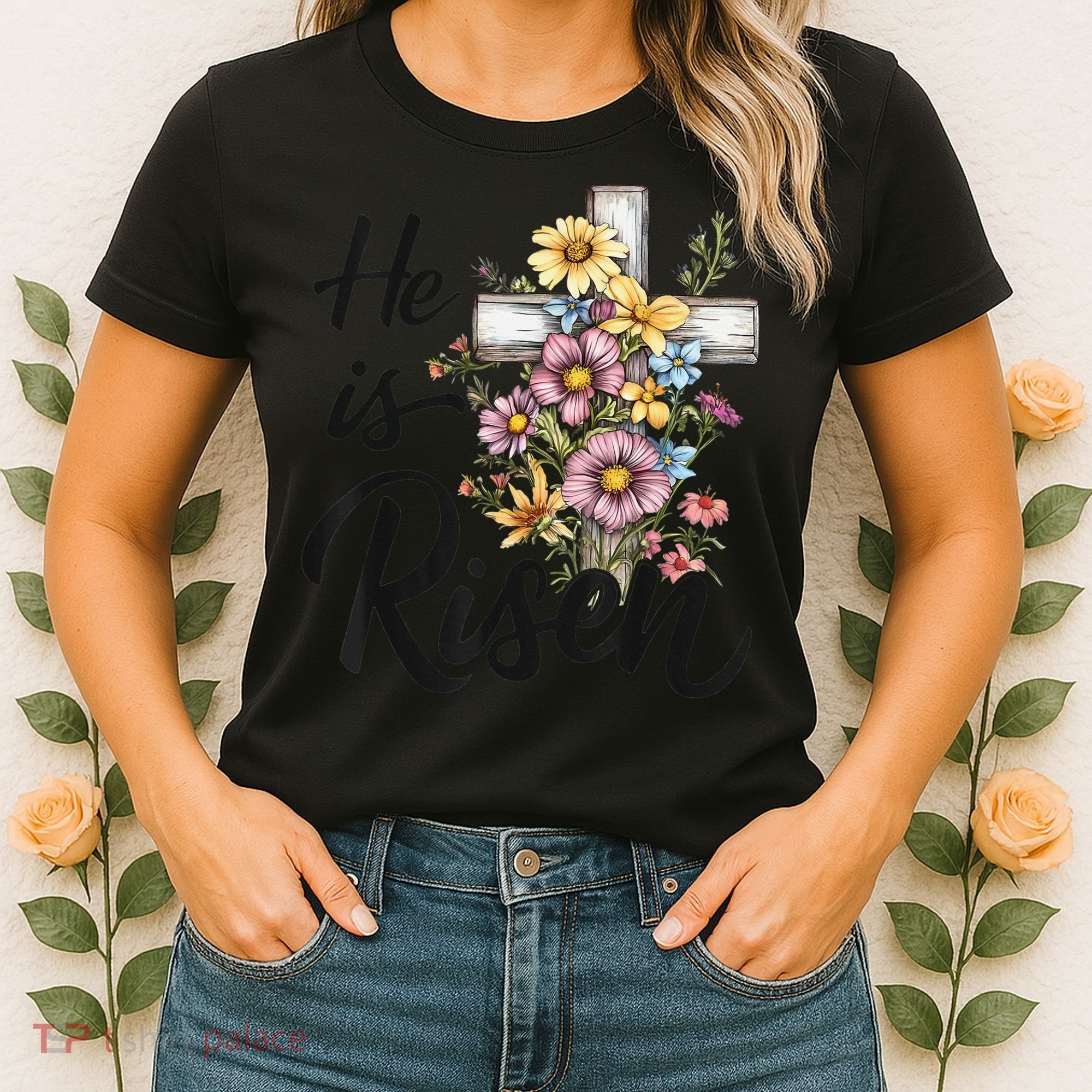 Happy Easter He Is Risen God Jesus Floral Cross Christian Women's T-Shirt