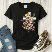 Happy Easter He Is Risen God Jesus Floral Cross Christian Women's T-Shirt thumb 3
