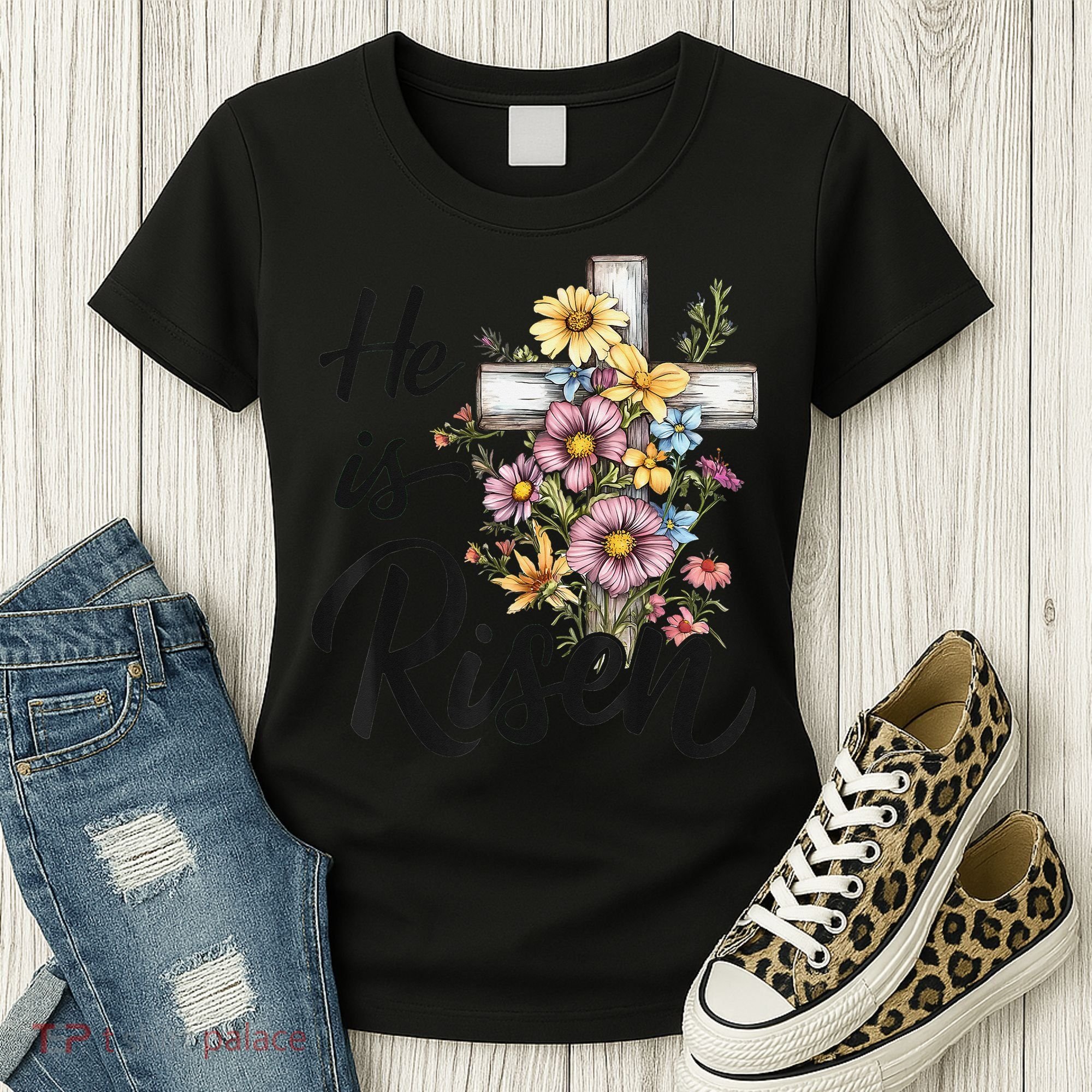 Happy Easter He Is Risen God Jesus Floral Cross Christian Women's T-Shirt