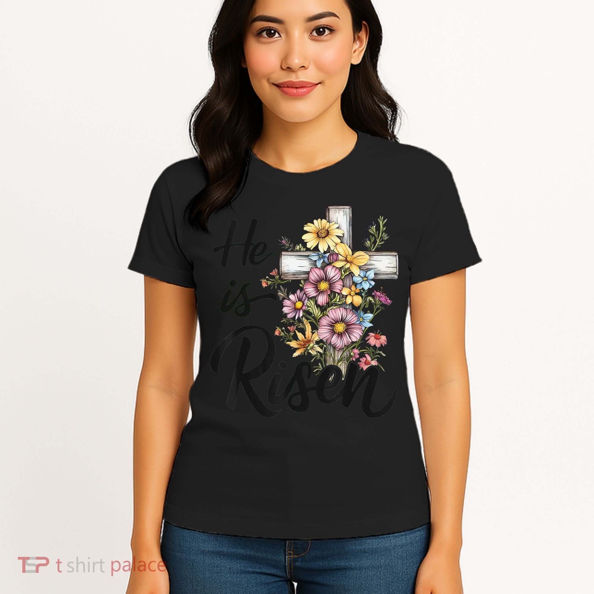 Happy Easter He Is Risen God Jesus Floral Cross Christian Women's T-Shirt