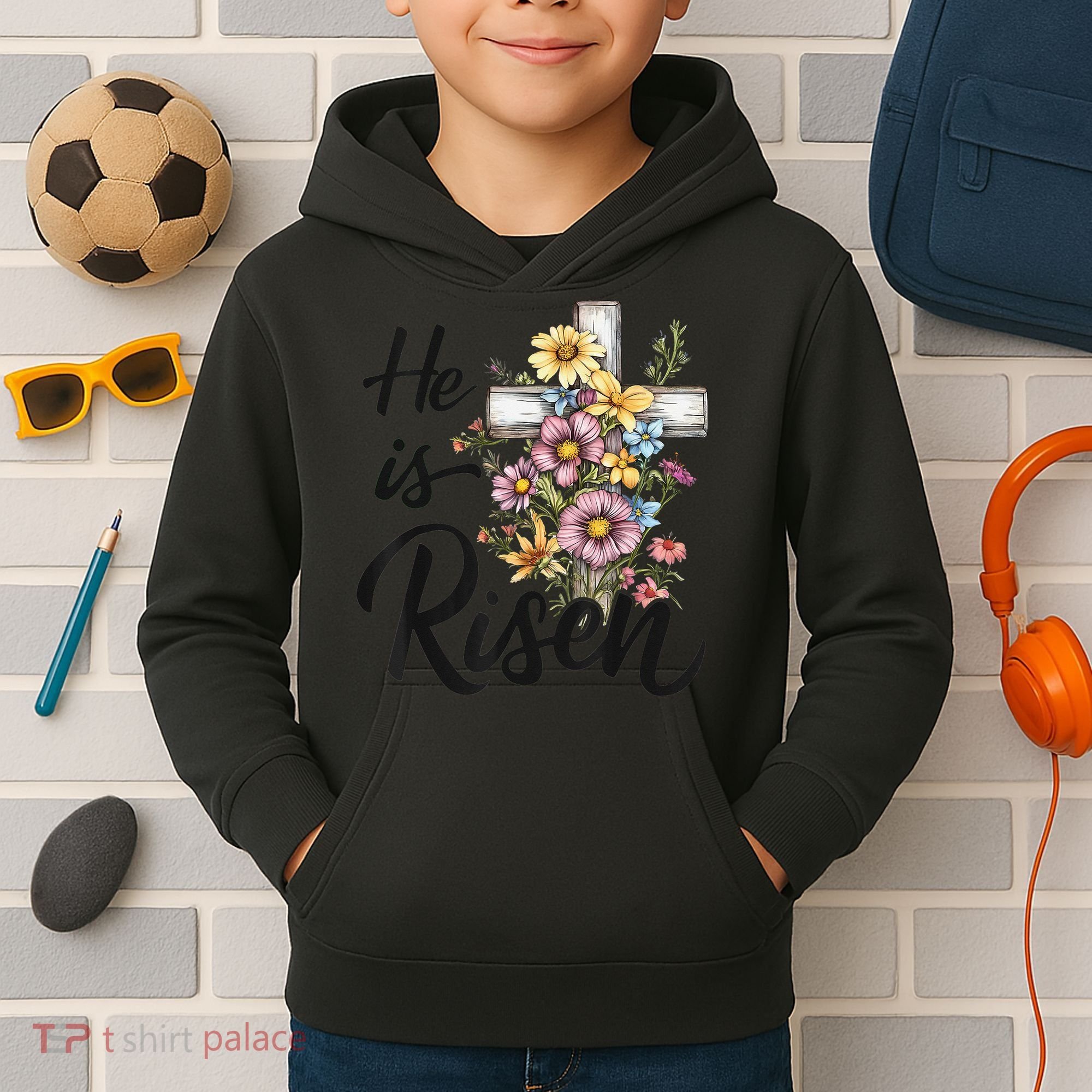 Happy Easter He Is Risen God Jesus Floral Cross Christian Kids Hoodie