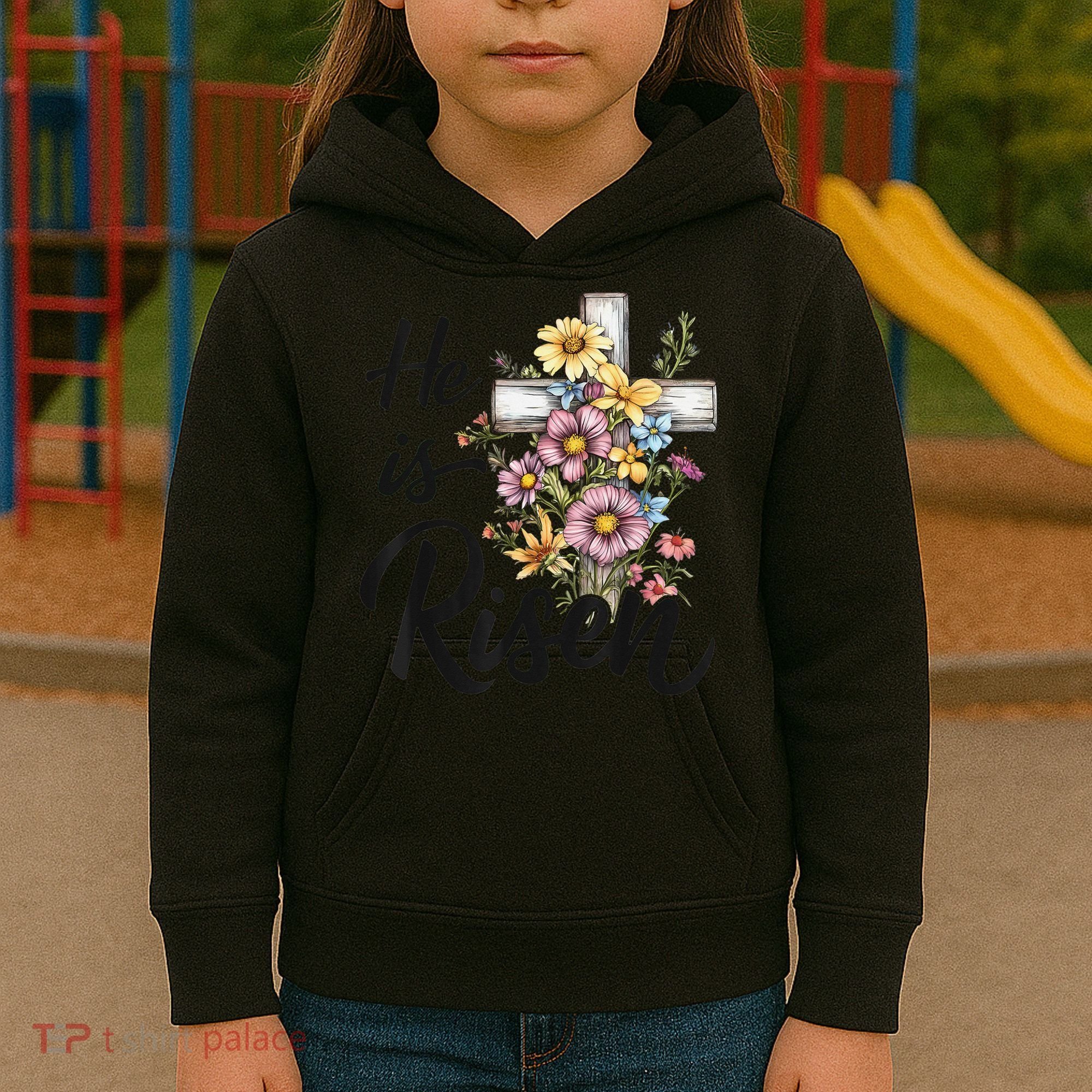 Happy Easter He Is Risen God Jesus Floral Cross Christian Kids Hoodie