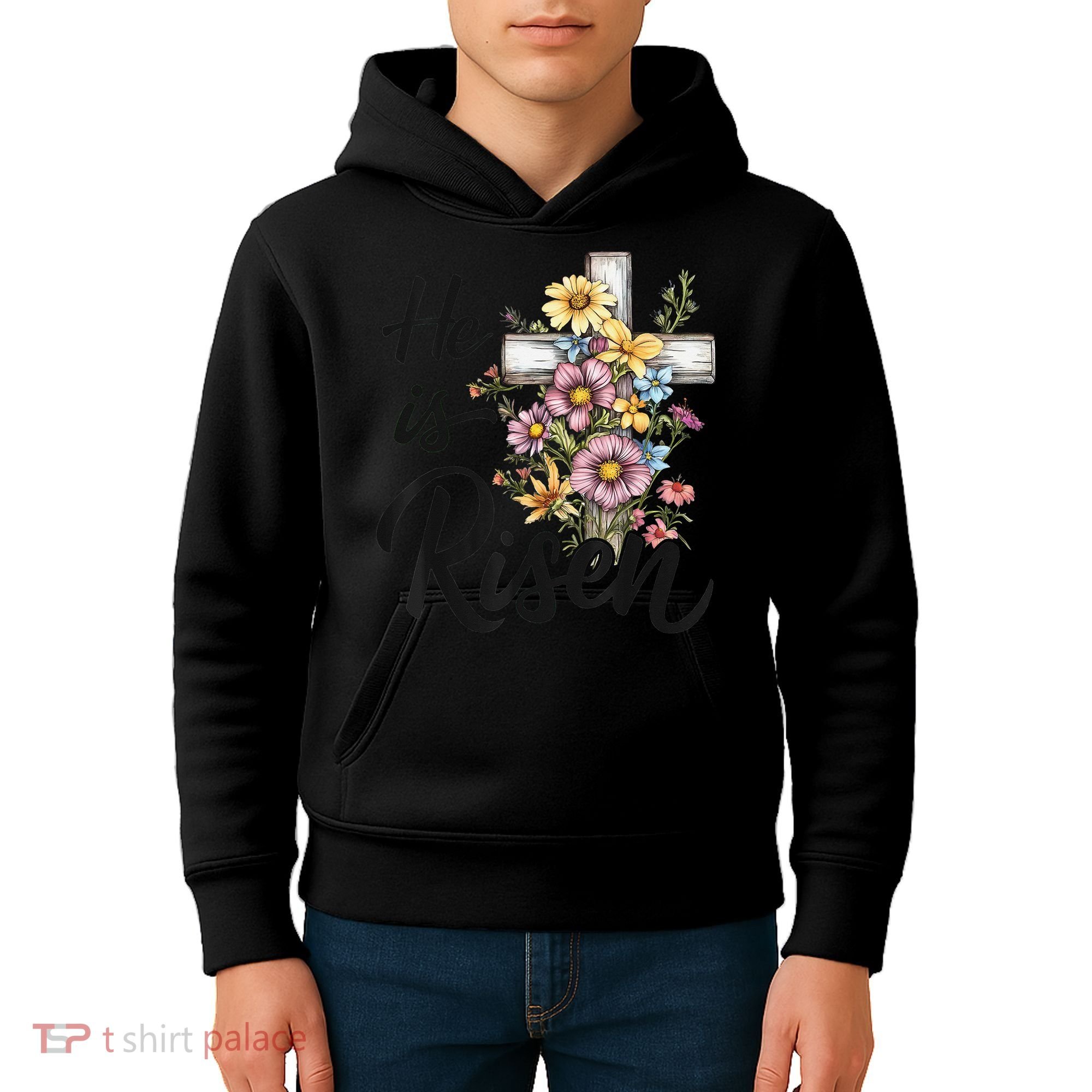 Happy Easter He Is Risen God Jesus Floral Cross Christian Kids Hoodie