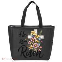 Happy Easter He Is Risen God Jesus Floral Cross Christian Tote Bag thumb 0