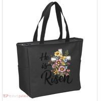Happy Easter He Is Risen God Jesus Floral Cross Christian Tote Bag thumb 2