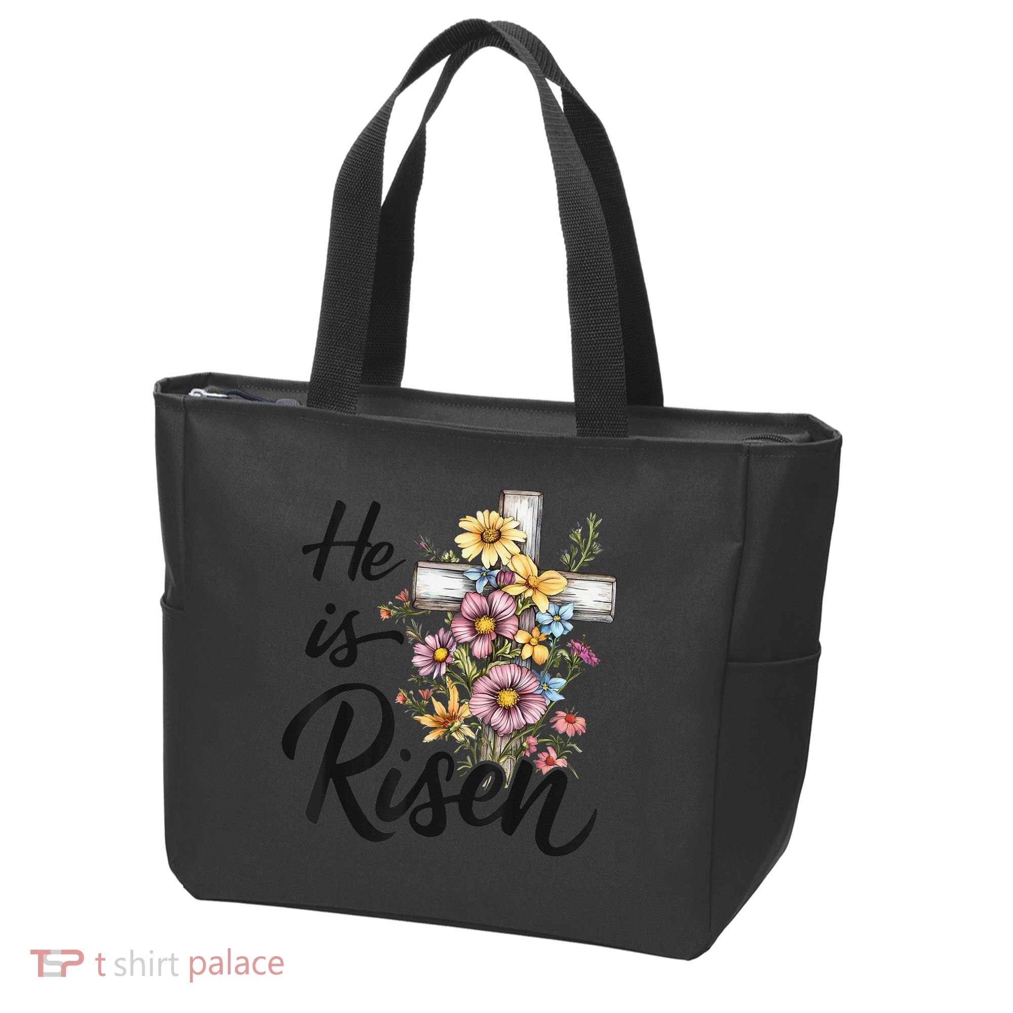 Happy Easter He Is Risen God Jesus Floral Cross Christian Tote Bag