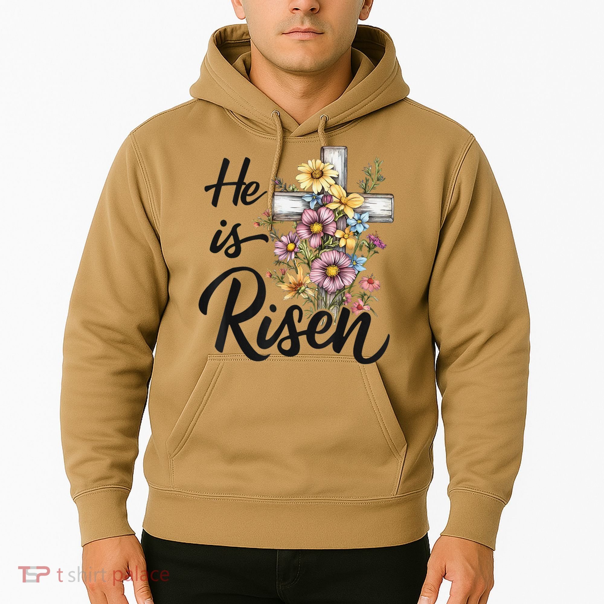Happy Easter He Is Risen God Jesus Floral Cross Christian Hoodie