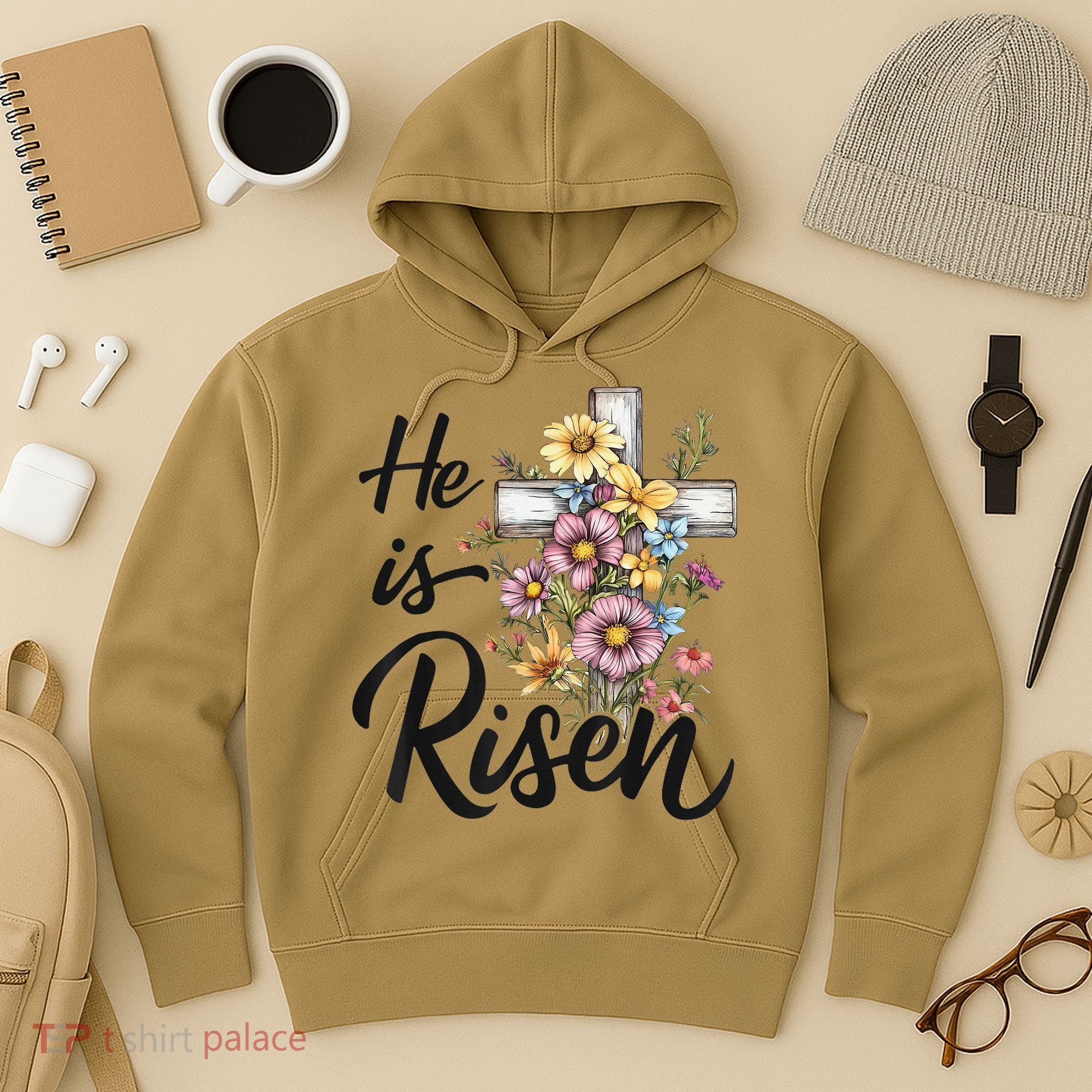 Happy Easter He Is Risen God Jesus Floral Cross Christian Hoodie