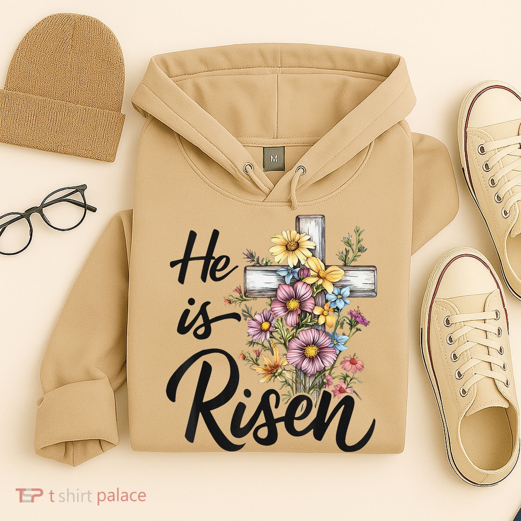 Happy Easter He Is Risen God Jesus Floral Cross Christian Hoodie
