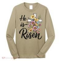 Happy Easter He Is Risen God Jesus Floral Cross Christian Long Sleeve Shirt thumb 0