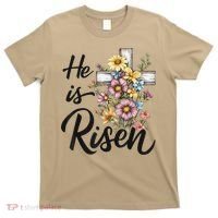 Happy Easter He Is Risen God Jesus Floral Cross Christian T-Shirt thumb 0