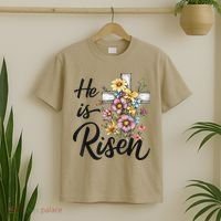 Happy Easter He Is Risen God Jesus Floral Cross Christian T-Shirt thumb 2