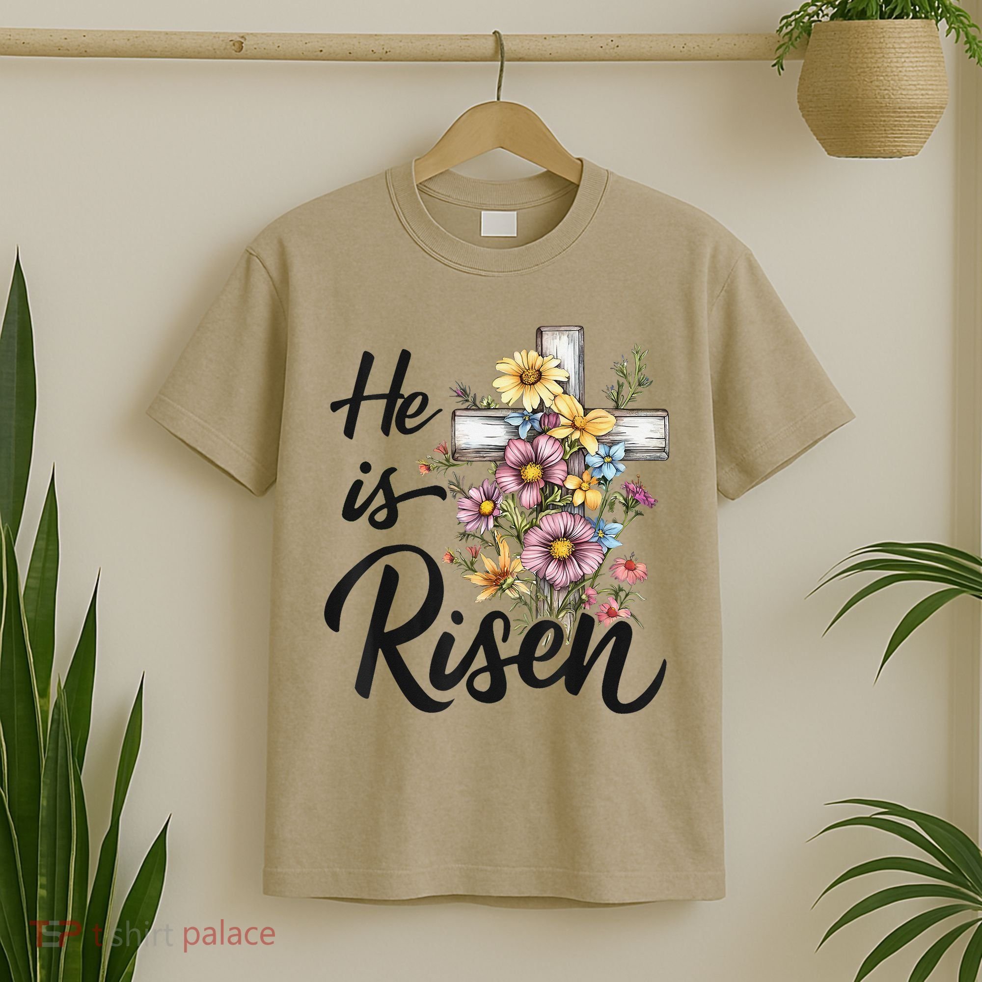 Happy Easter He Is Risen God Jesus Floral Cross Christian T-Shirt