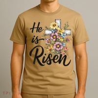 Happy Easter He Is Risen God Jesus Floral Cross Christian T-Shirt thumb 3