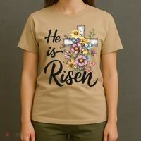 Happy Easter He Is Risen God Jesus Floral Cross Christian T-Shirt thumb 4