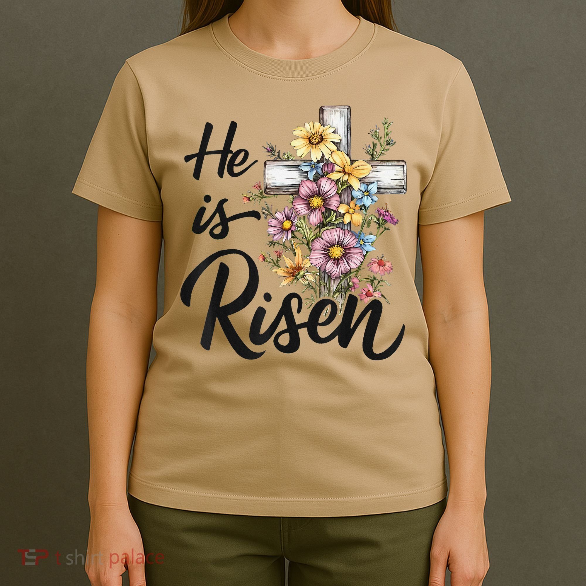 Happy Easter He Is Risen God Jesus Floral Cross Christian T-Shirt