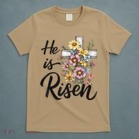 Happy Easter He Is Risen God Jesus Floral Cross Christian T-Shirt thumb 5