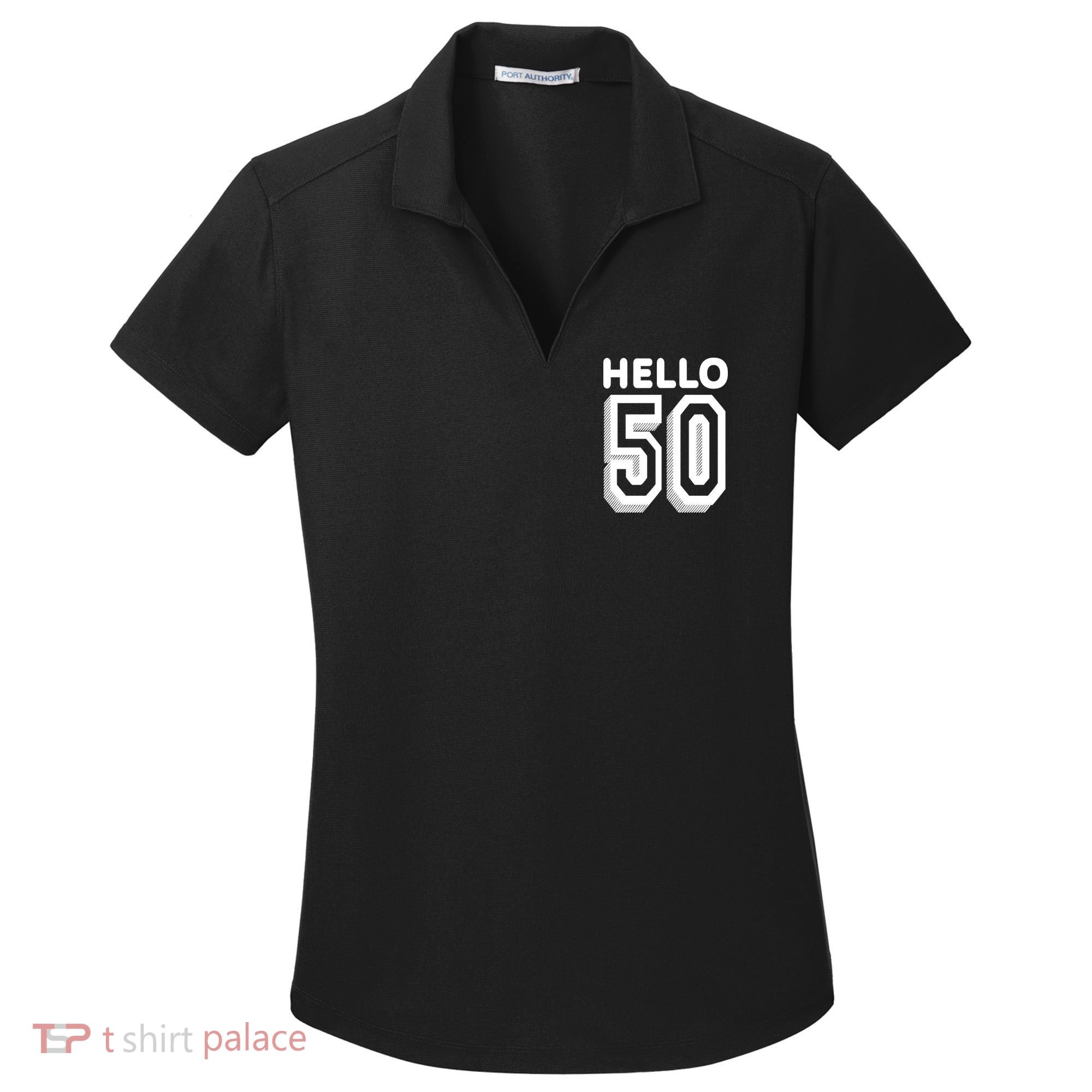 Hello 50 Funny 50th Birthday Women's Dry Zone Grid Polo