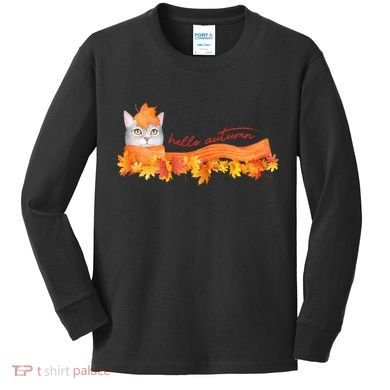 Hello Autumn Cute Cat Kids Long Sleeve Shirt