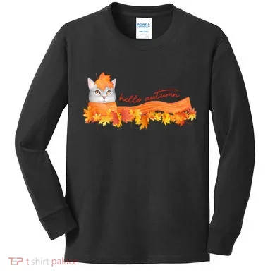 Hello Autumn Cute Cat Kids Long Sleeve Shirt