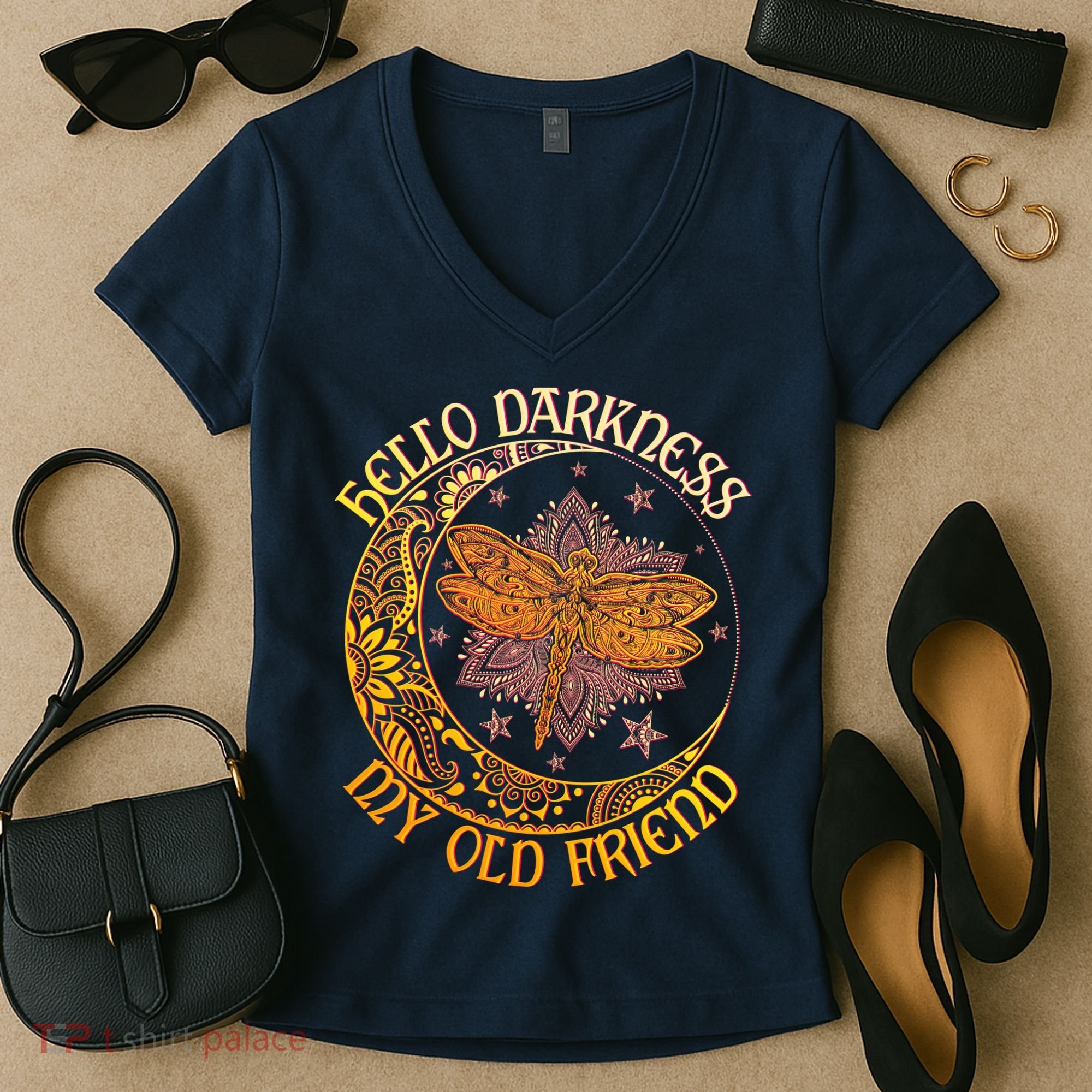 Hello Darkness My Old Friend Dragonfly Moon Women's V-Neck T-Shirt
