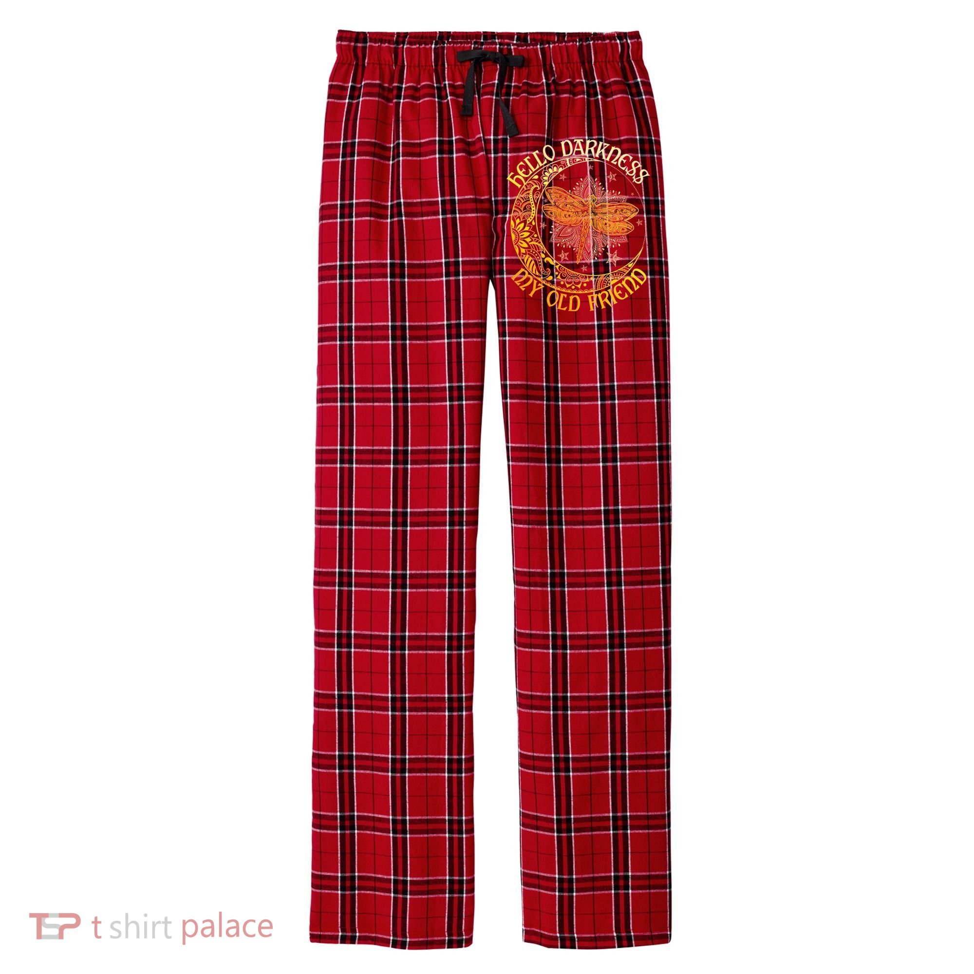 Hello Darkness My Old Friend Dragonfly Moon Men's Flannel Plaid Pajama Pants