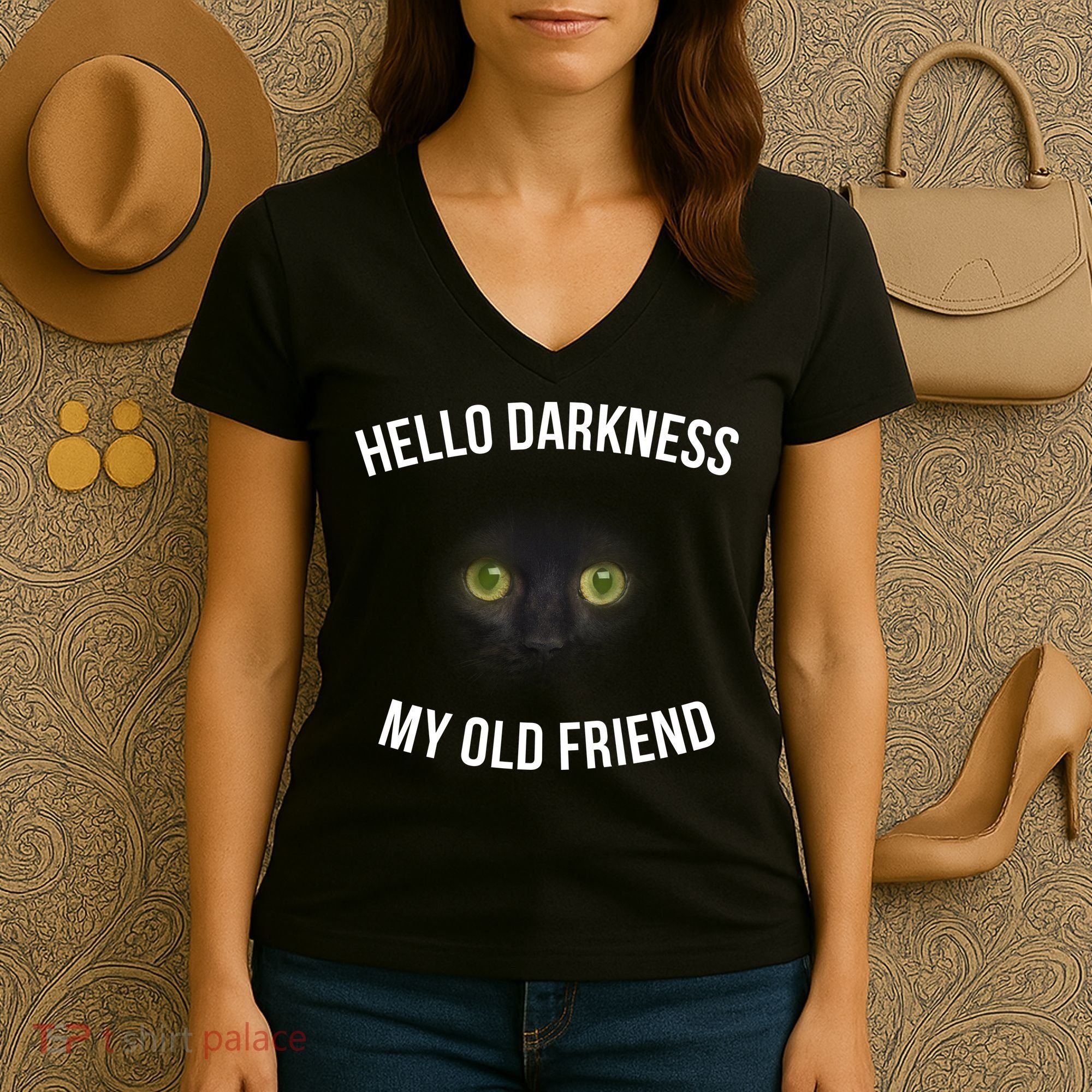 Hello Darkness My Old Friend Scary Cat Women's V-Neck T-Shirt