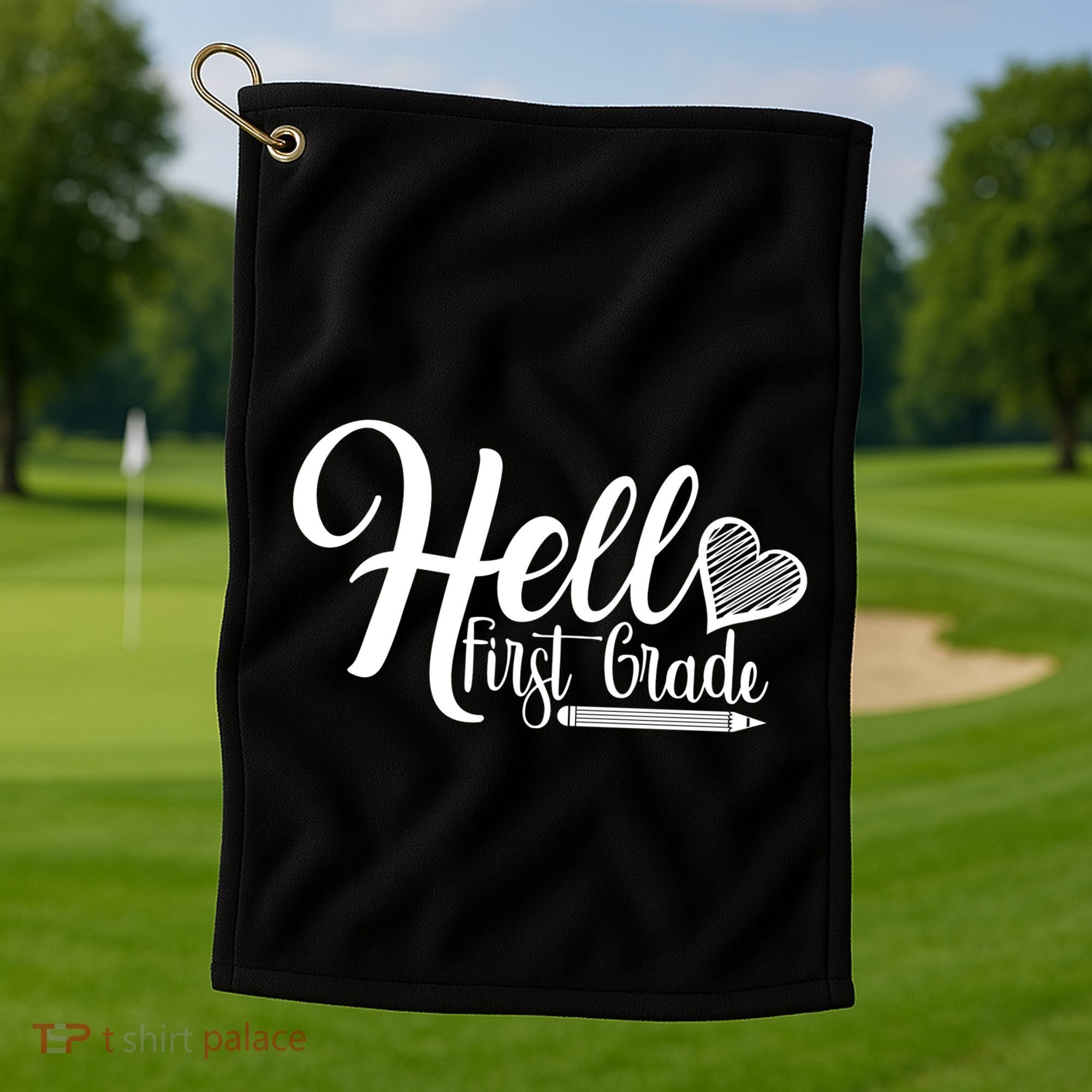 Hello First Grade Pencil Heart Golf Towel