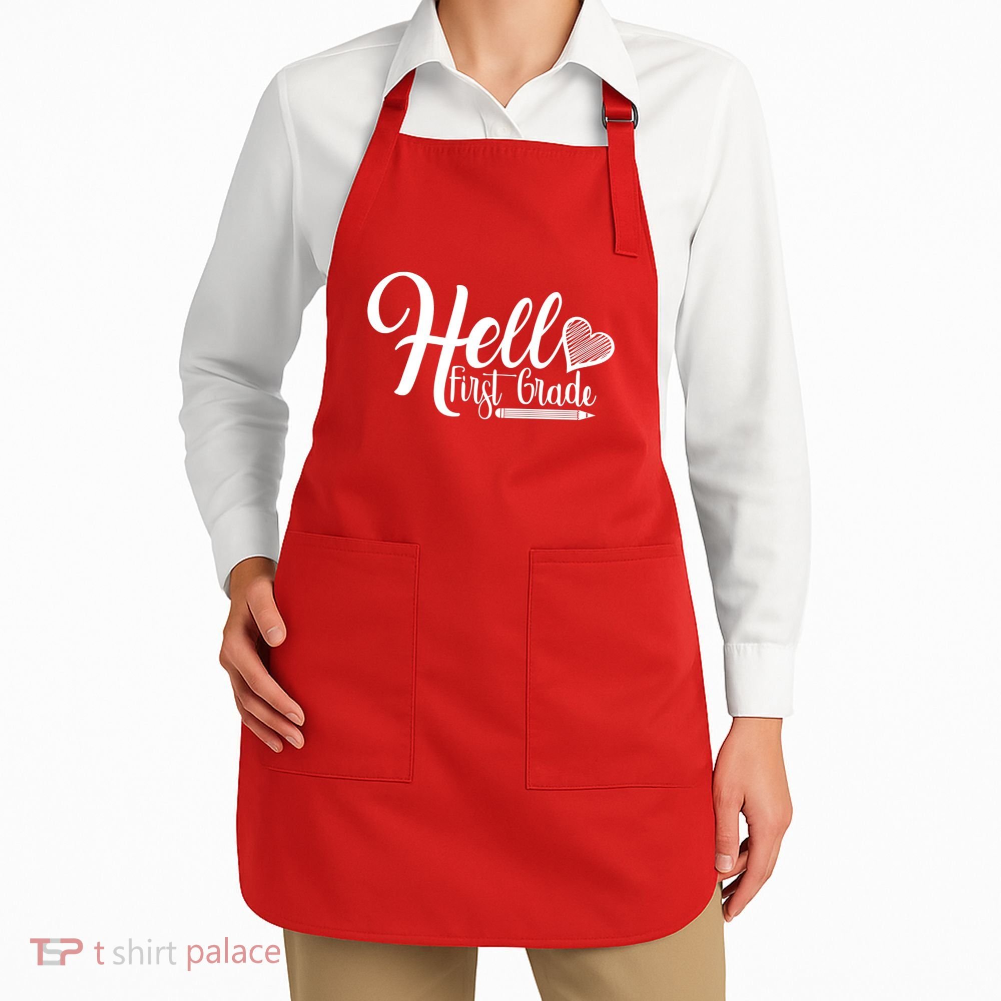 Hello First Grade Pencil Heart Apron