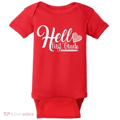 Hello First Grade Pencil Heart Baby Bodysuit