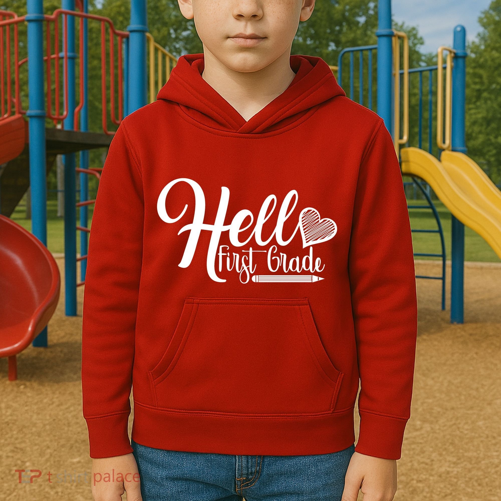 Hello First Grade Pencil Heart Kids Hoodie