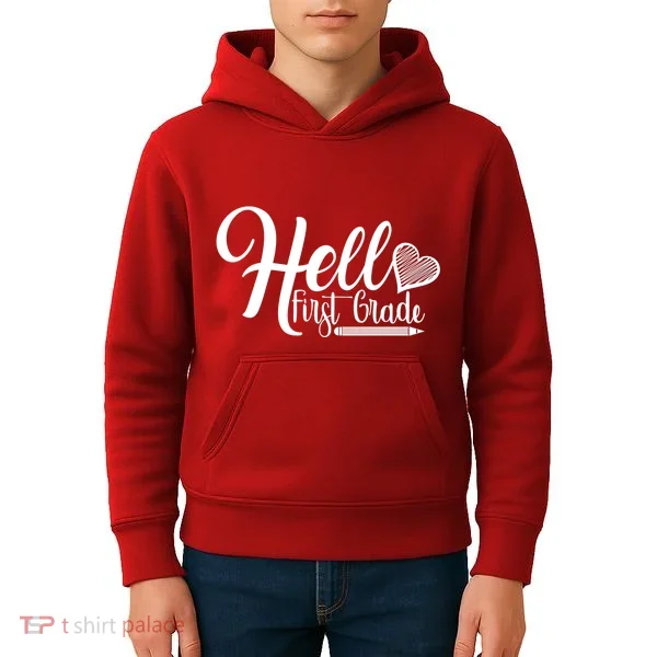 Hello First Grade Pencil Heart Kids Hoodie