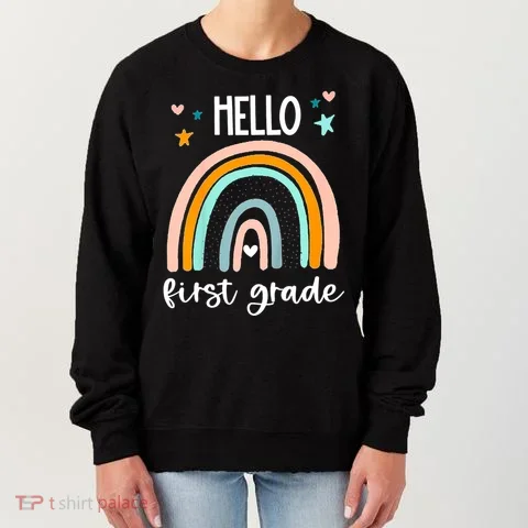 Hello First Grade Retro Rainbow Women's Sweatshirt in the selected color