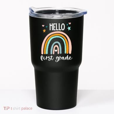 Hello First Grade Retro Rainbow Tumbler