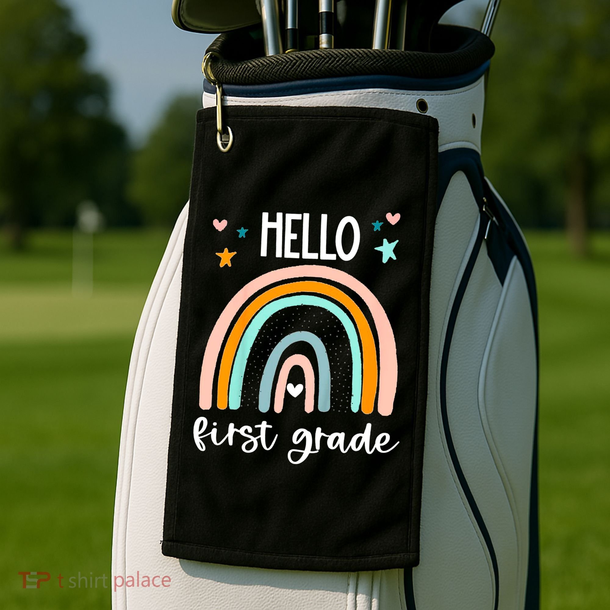 Hello First Grade Retro Rainbow Golf Towel