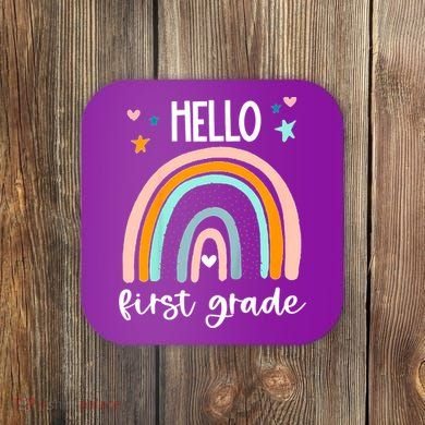 Hello First Grade Retro Rainbow Coaster