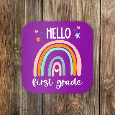 Hello First Grade Retro Rainbow Coaster