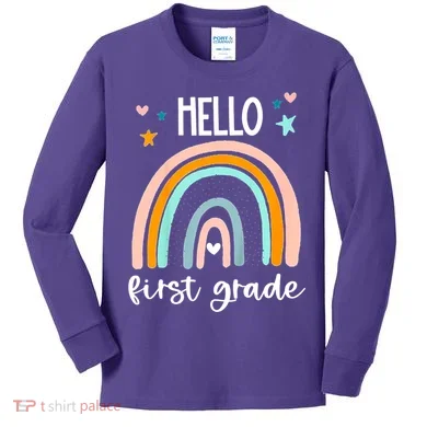 Hello First Grade Retro Rainbow Kids Long Sleeve Shirt