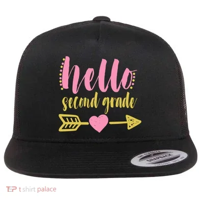 Hello Second Grade Cute Elementary School Flat Bill Trucker Hat