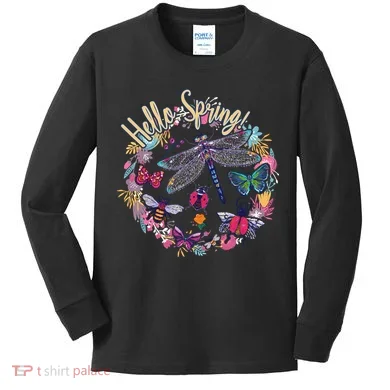 Hello Spring Floral Bugs Kids Long Sleeve Shirt