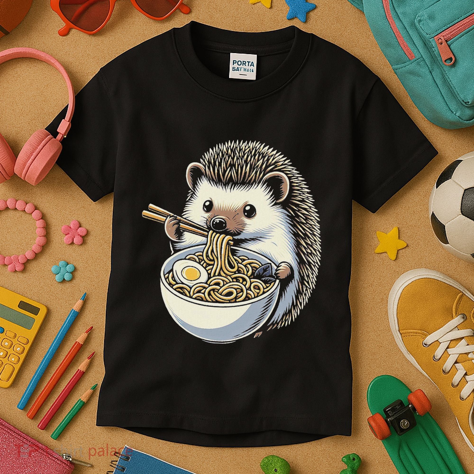 Hedgehog Eating Ramen Japanese Noodles Soup Kids T-Shirt