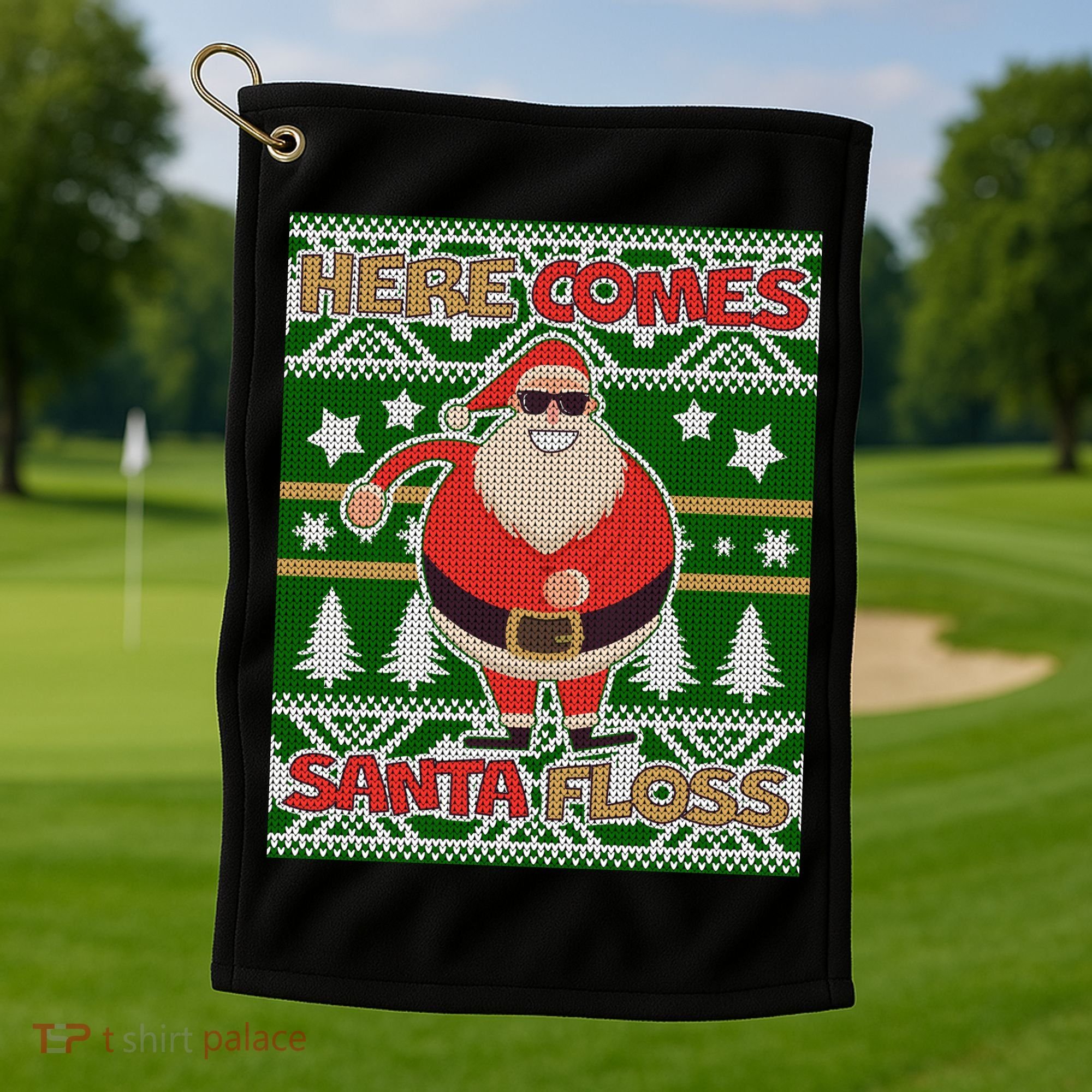 Here Comes Santa Floss Ugly Christmas Sweater Golf Towel