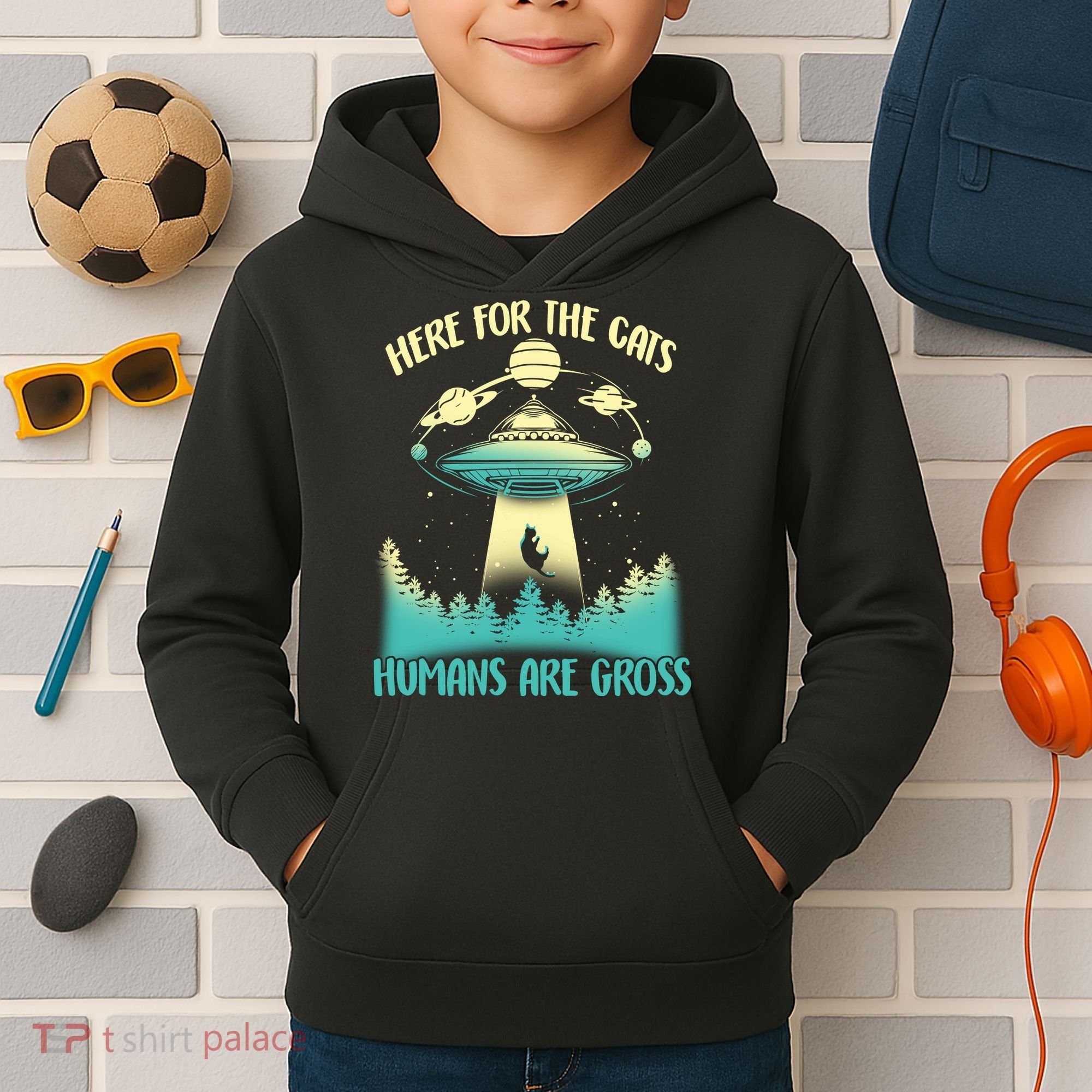 Here For The Cats Humans Are Gross Kids Hoodie
