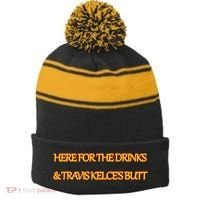 Here For The Drinks Travis Kelce's Butt Kansas City Stripe Pom Pom Beanie thumb 0