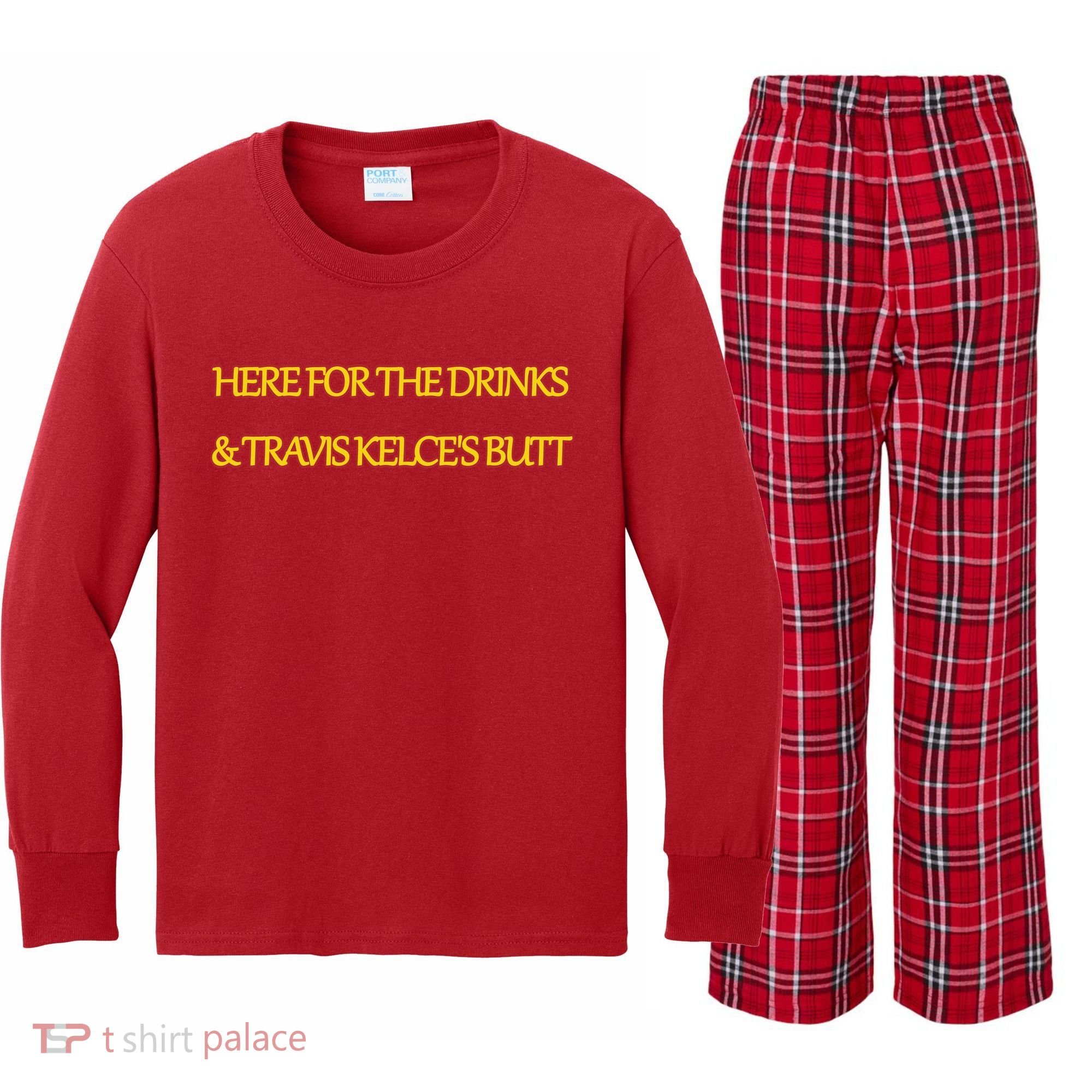 Here For The Drinks Travis Kelce's Butt Kansas City Kids Long Sleeve Plaid Pajama Set