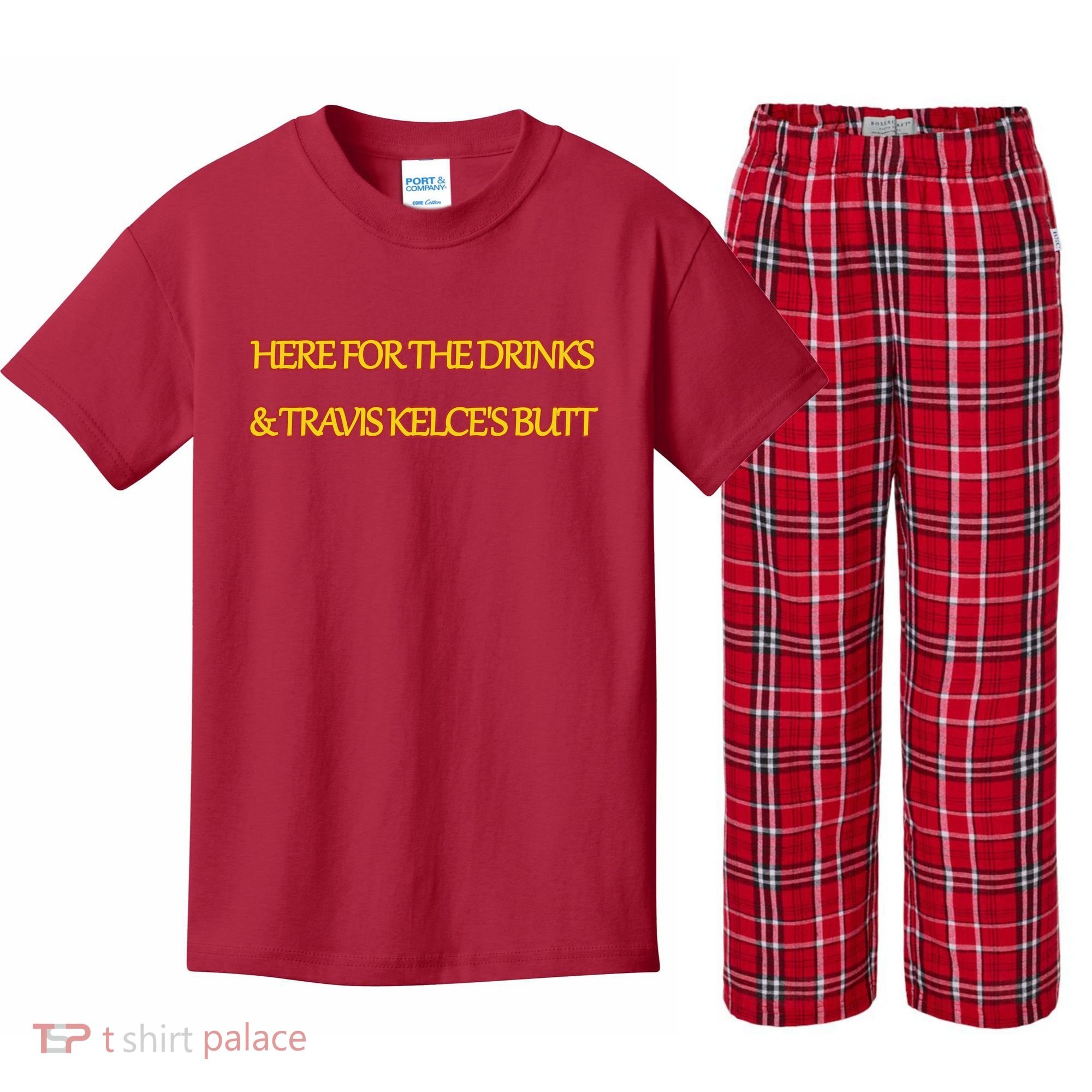 Here For The Drinks Travis Kelce's Butt Kansas City Kids Plaid Pajama Set